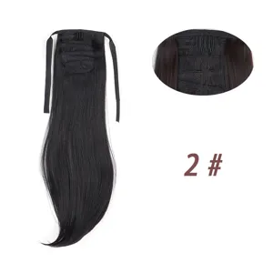 Black straight ponytail hair extension wrap around clip in synthetic hair piece for women.