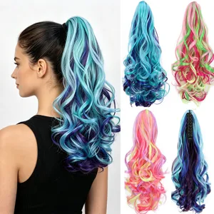 Perruque Queue de Cheval Pince Griffe Colorée Fibre Synthétique Dégradé Cheveux Ondulés Mélangés Postiche pour Femmes Accessoires de Coiffure Fête Quotidienne