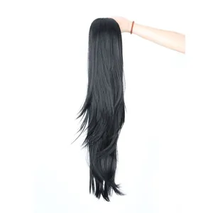 Long black synthetic ponytail extension for women, matte high-temperature fiber hair.