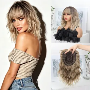 Synthetic Water Wave Hair Piece Top Hairpiece Gradient Color Bangs Hair Topper For Women Daily Hair Volume Enhancement
