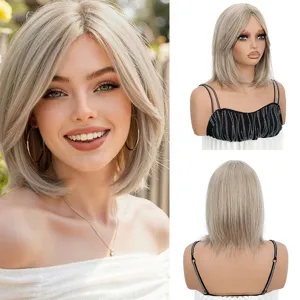Synthetische Bob Perücke Mit Pony Kurze Glatte Perücke Blonde Farbverlauf Bob Perücke Für Damen Alltag Party Synthetische Haar Perücke