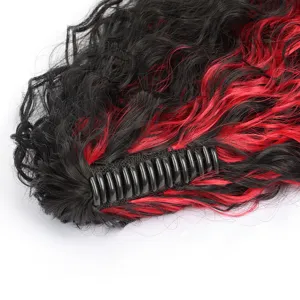 Claw clip ponytail wig black red curly synthetic hairpiece long wave fluffy hair extension
