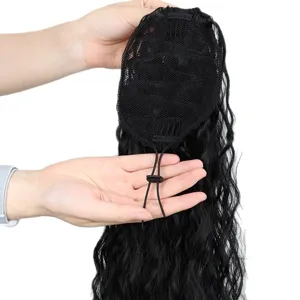 Black synthetic wavy curly ponytail extension with adjustable drawstring net cap.