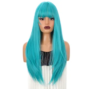 Long straight turquoise wig with bangs, matte synthetic hair for women daily and cosplay use