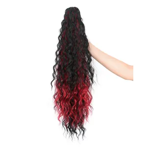 Synthetic claw clip ponytail extension, long curly water wave hairpiece in black and red.