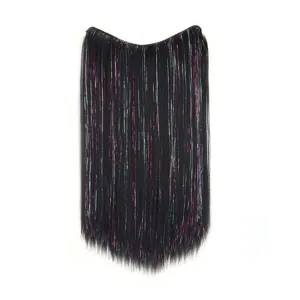 V-shape one-piece clip-in hair extension with shiny laser tinsel straight black hair piece