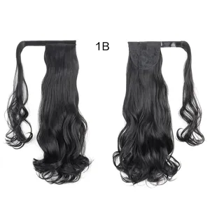 Larga extensión de cabello de coleta ondulada sintética con fijación mágica de color 1B.
