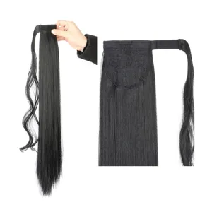 Extensión de coleta postiza sintética negra lisa con velcro envolvente y peine seguro.