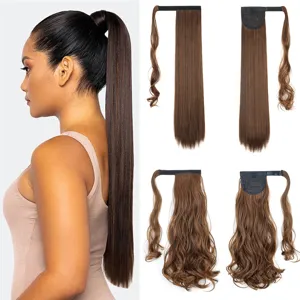 Extensión de Coleta Sintética Envolvente Velcro Liso Rizado Negro Marrón Rubio Pelo Largo para Mujeres