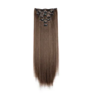 Synthetic long straight brown clip-in hair extensions set, 7 pieces 16 clips daily use.