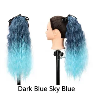 Extention coda di cavallo riccia sfumata blu con fiocco nero, lunga parrucca sintetica.