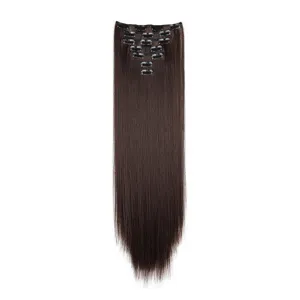 Dark brown synthetic straight hair extension detail, 16 clips 7 pieces set, natural look.