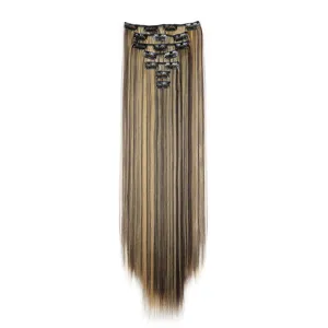 Synthetic clip-in hair extensions long straight highlight blonde brown multi piece set detail
