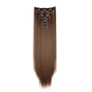 Long straight hair extensions 16 clips synthetic brown hair pieces for women daily wear