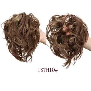 Synthetic hair bun detail view, messy fluffy curly hairpiece scrunchie for women daily use.