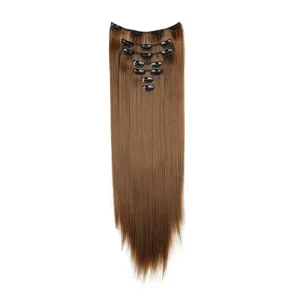 Detailed view of long straight clip-in synthetic hair extensions 16 clips 7 pieces set.