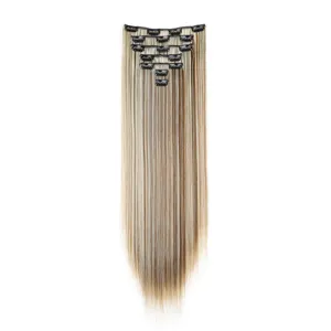 Detailed view of long straight synthetic hair extensions, multi-clip set, highlight blonde.