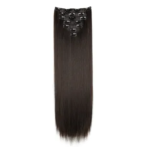 Detail view of dark brown synthetic long straight clip-in hair extensions piece set.