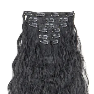 Detail view of black wavy clip-in hair extensions set, showing hair texture and clips.