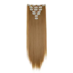Synthetic long straight clip-in hair extensions 16 clips multi-piece light brown wig.