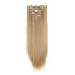 Long blonde synthetic hair extensions detail, 16 clips 7 pieces set, straight hair clip in.