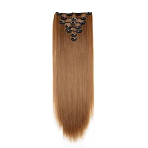 Clip-in hair extensions long straight synthetic hair 7 pieces 16 clips light brown wig piece