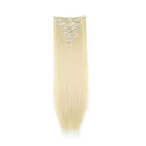 Blonde clip-in hair extensions long straight synthetic hair piece set for women daily use.