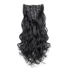 Schwarze wellige Clip-in Haarverlängerung lange lockige Haarteile mit sicheren Clips.
