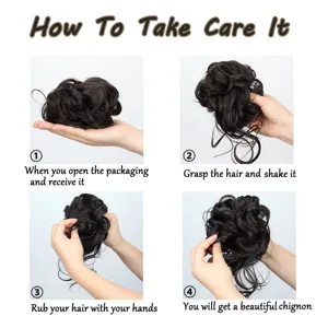 Dettaglio dello chignon di capelli sintetici con guida alla cura e istruzioni di styling.