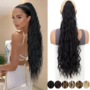 Long Wavy Drawstring Ponytail Wig Synthetic Water Wave Curly Hair Piece For Women Daily Wear Hair Extensions