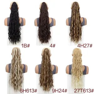 Synthetic long curly ponytail hair extensions drawstring water wave wig details.