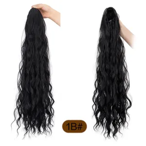 Long curly synthetic ponytail hair extension with drawstring design in 1B natural black.