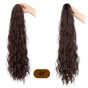 Long curly synthetic ponytail extension, water wave hairpiece with drawstring and clip for women.