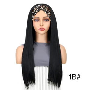 Long straight black synthetic wig featuring a trendy leopard print headband detail view.