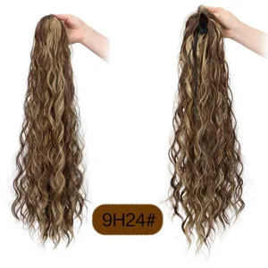 Long curly synthetic hair ponytail extension with drawstring and water wave texture design.