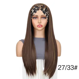 Close-up detail of long straight synthetic wig with leopard print headband and color code.