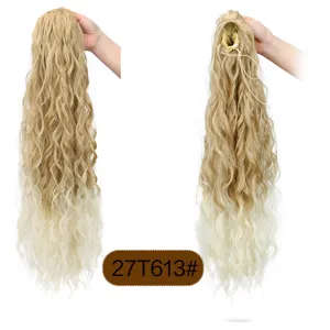 Synthetic curly ponytail hair extension detail, showing gradient color and drawstring net.