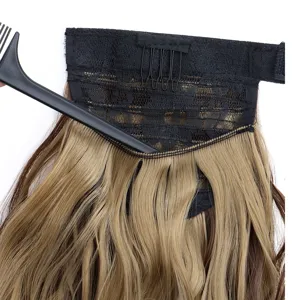 Synthetic blonde wavy ponytail hair extension with velcro wrap and secure clips for women.