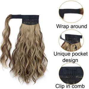 Synthetic wavy ponytail hair extension with wrap around strap and clip in comb for women.
