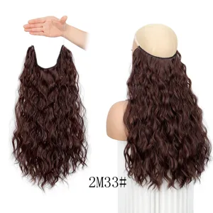 Extension capelli ricci marrone scuro con filo invisibile, ciocca sintetica ondulata.