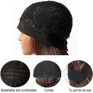 Detailed view of breathable wig cap with secure combs and adjustable velcro strap for fit.
