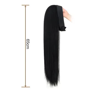 Detail shot of black long straight ponytail wig with secure Velcro strap and nice length.