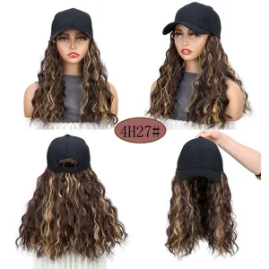 Synthetische Perücke Baseball Cap lange gewellte Haare Verlängerung schwarzer Hut 4H27#