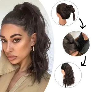 Long wavy ponytail hair extension with velcro wrap design for women curly hair styling.