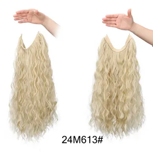 Extension capelli halo ondulati biondi un pezzo filo sintetico ricci 24 pollici vendita
