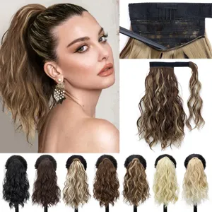 Synthetic Water Wave Ponytail Wig Wrap Around Magic Paste Long Curly Hair Extension For Women Daily Party Hair