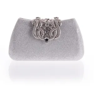 Elegant silver rhinestone evening clutch bag with sparkly glitter finish and crystal clasp.