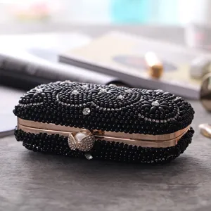 Elegant black beaded evening clutch bag with sparkling rhinestones and gold metal frame for parties.