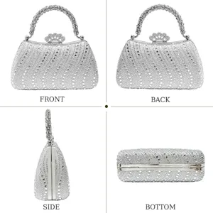 Detailed views of silver rhinestone evening clutch bag with crystal handle and crown clasp.