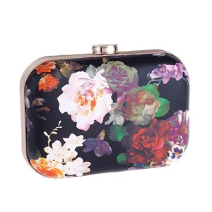 Women PU Floral Print Hard Shell Clutch Bag Elegant Evening Party Metal Frame Handbag